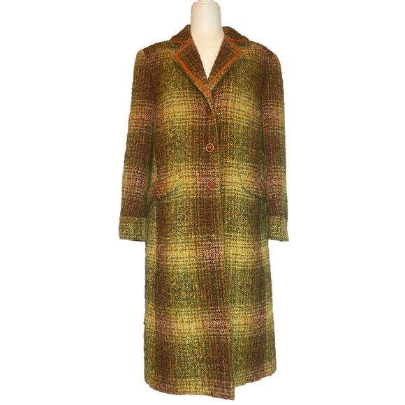 Vintage Etro Wool Coat Jacket 44 8 M Checker Long Peacoat Italy Multicolor Plaid - Picture 1 of 13